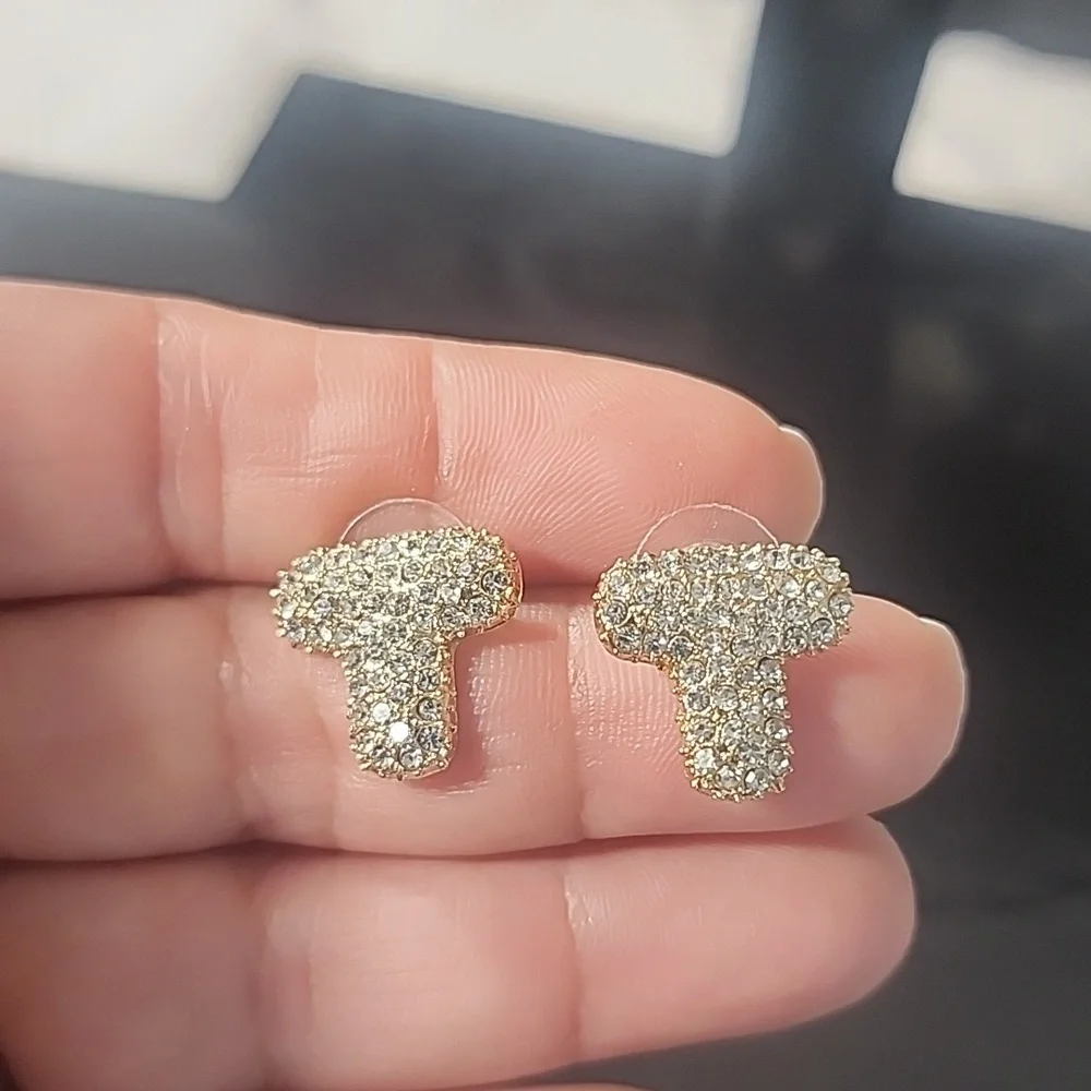 Lima Limón Gold Tone T Letter Rhinestones Earrings. New! - Picture 1 of 5